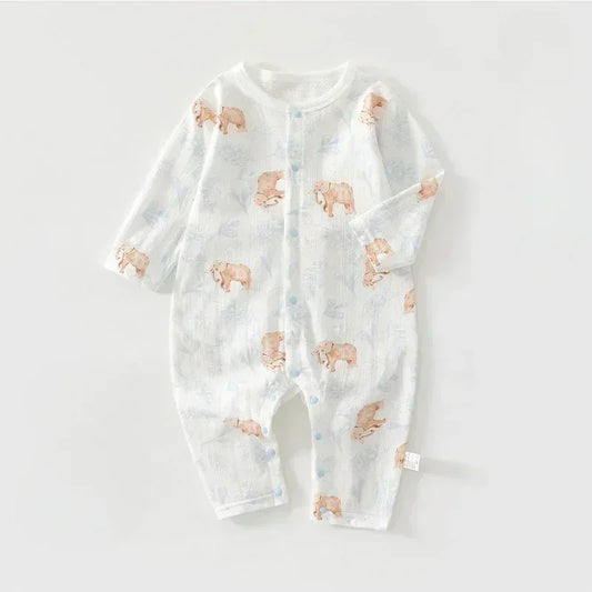 100% Cotton Long Sleeve Snap-Up Romper - Elephant & Flowers - Organic Cotton Clubs