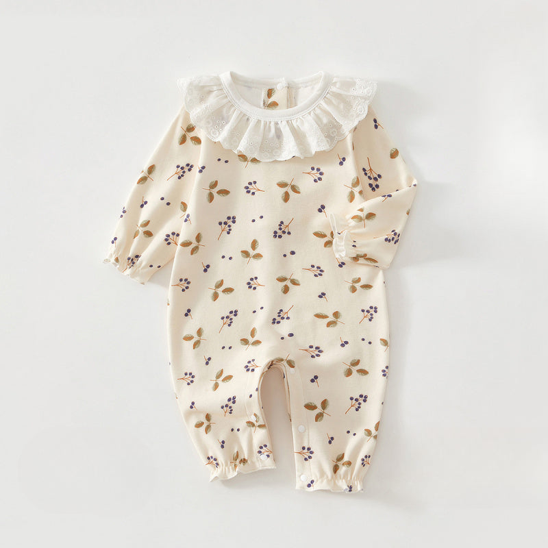 100% Cotton Long Sleeve Snap-Up Romper - Fruits & Leaves - Organic Cotton Clubs
