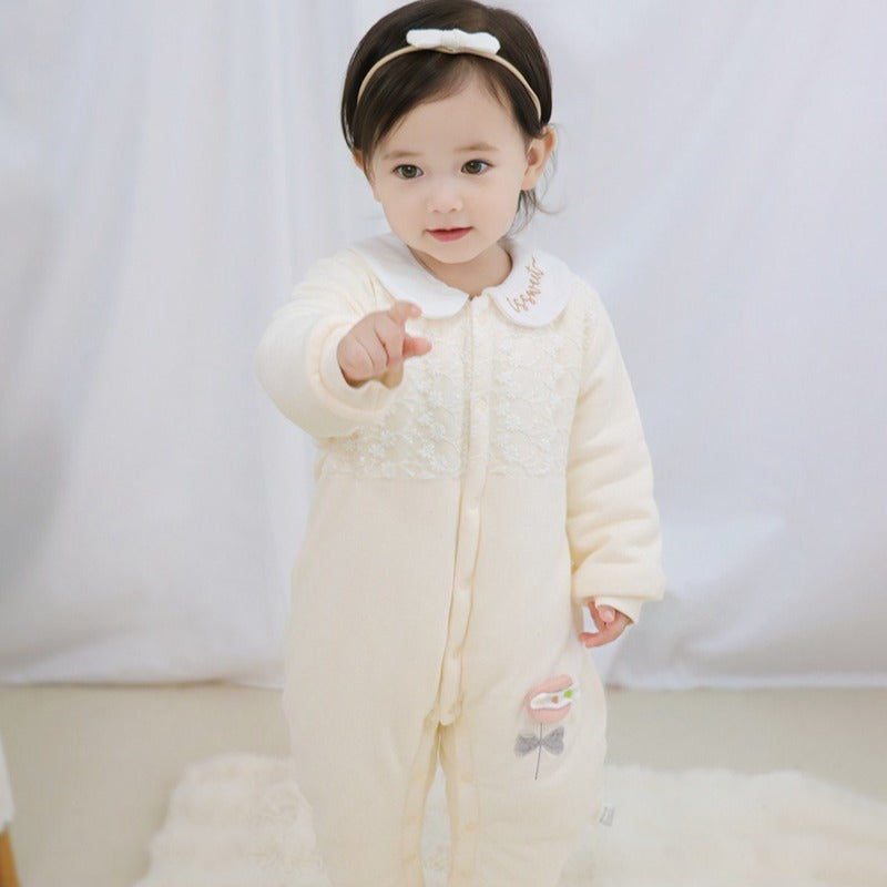 100% Cotton Quilted Long Sleeve Snap-Up Romper - Blue Tree