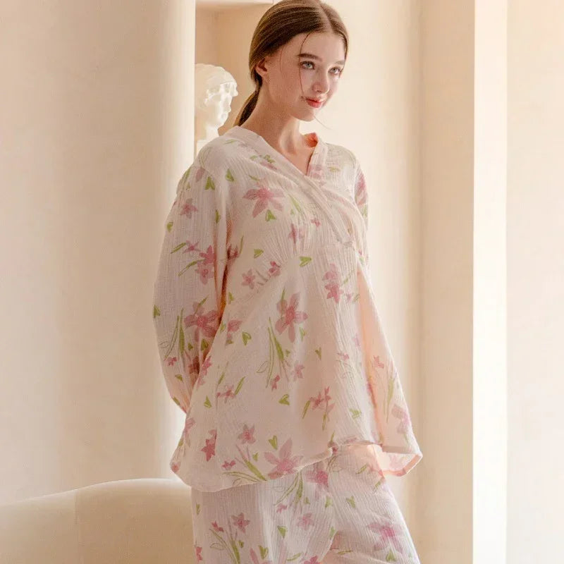 100% Cotton Muslin Maternity & Nursing Pajama Set- Purple Flowers - Organic Cotton Clubs