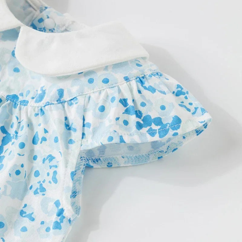 100% Cotton Flutter-Sleeve Dress - Blue Flowers - Organic Cotton Clubs