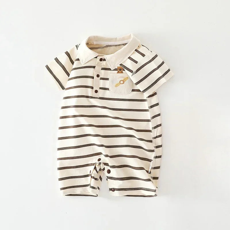 Cotton Short Sleeve Snap-Up Romper - Red Stripe & Bear - Organic Cotton Clubs