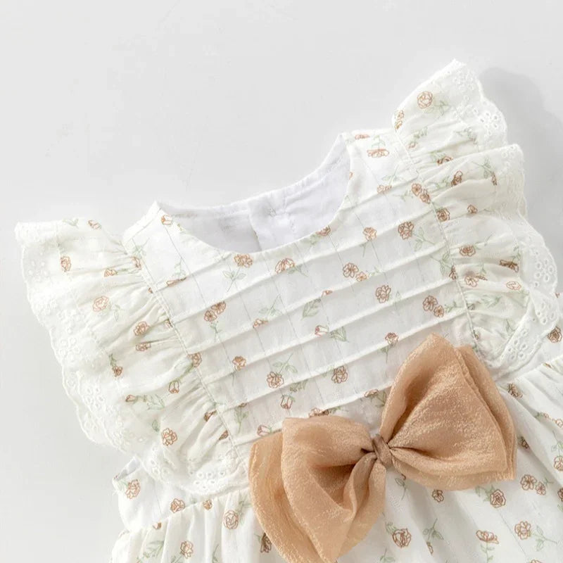 100% Cotton Flutter-Sleeve Princess Dress - Floral Garden & Bowknot - Organic Cotton Clubs