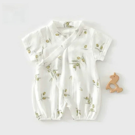 Cotton & Bamboo Muslin Short Sleeve Kimono Romper - Lemon - Organic Cotton Clubs