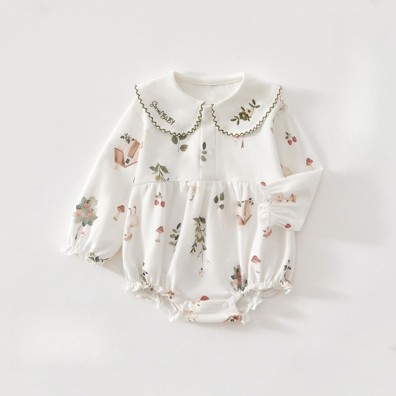 100% Cotton Long Sleeve Pullover Bodysuit - Pigeon with Flower