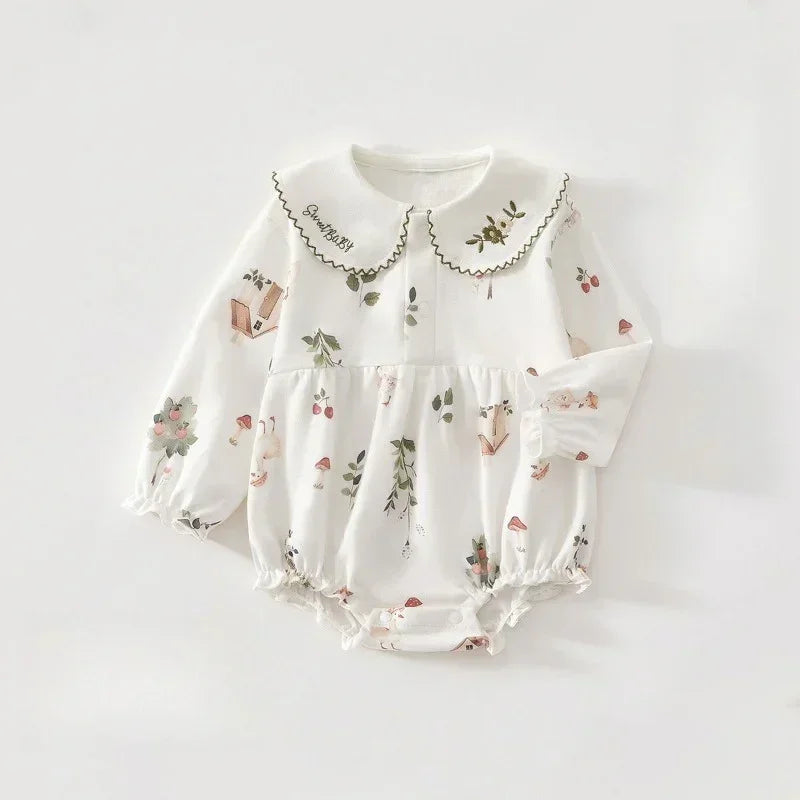 100% Cotton Long Sleeve Pullover Bodysuit - Pigeon with Flower