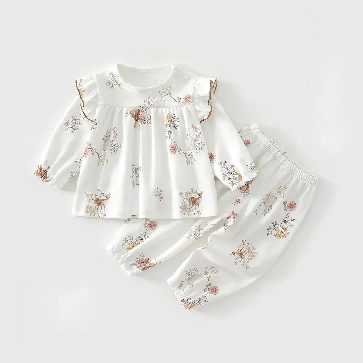 100% Cotton Long Sleeve Top & Pants Set - Floral Garden