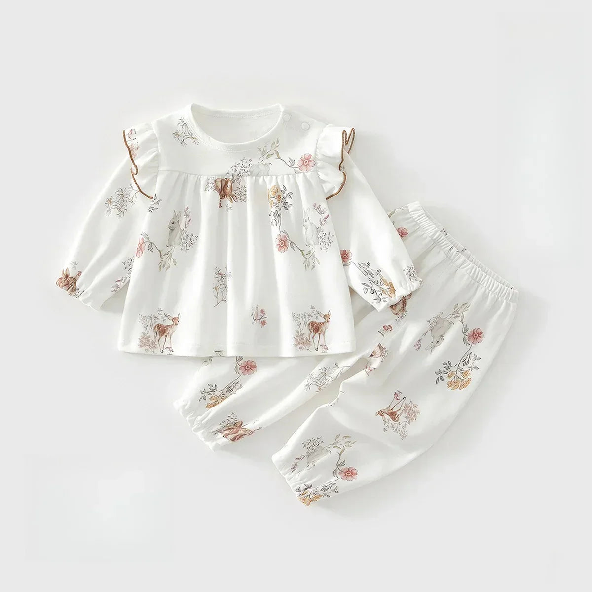100% Cotton Long Sleeve Top & Pants Set - Floral Garden