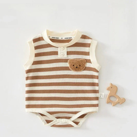 Cotton Sleeveless Overhead Bodysuit - Red Stripe & Bear - Organic Cotton Clubs