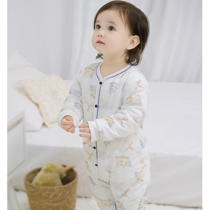 100% Cotton Quilted Long Sleeve Snap-Up Romper - Blue Tree