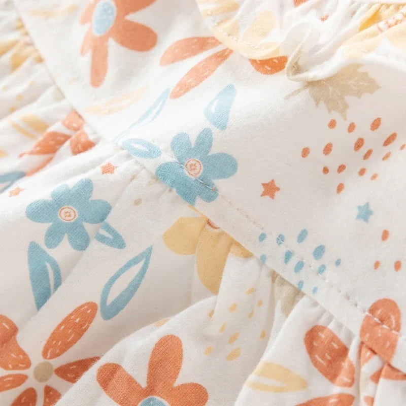 100% Cotton Flutter-Sleeve Dress - Orange Spring Flowers - Organic Cotton Clubs