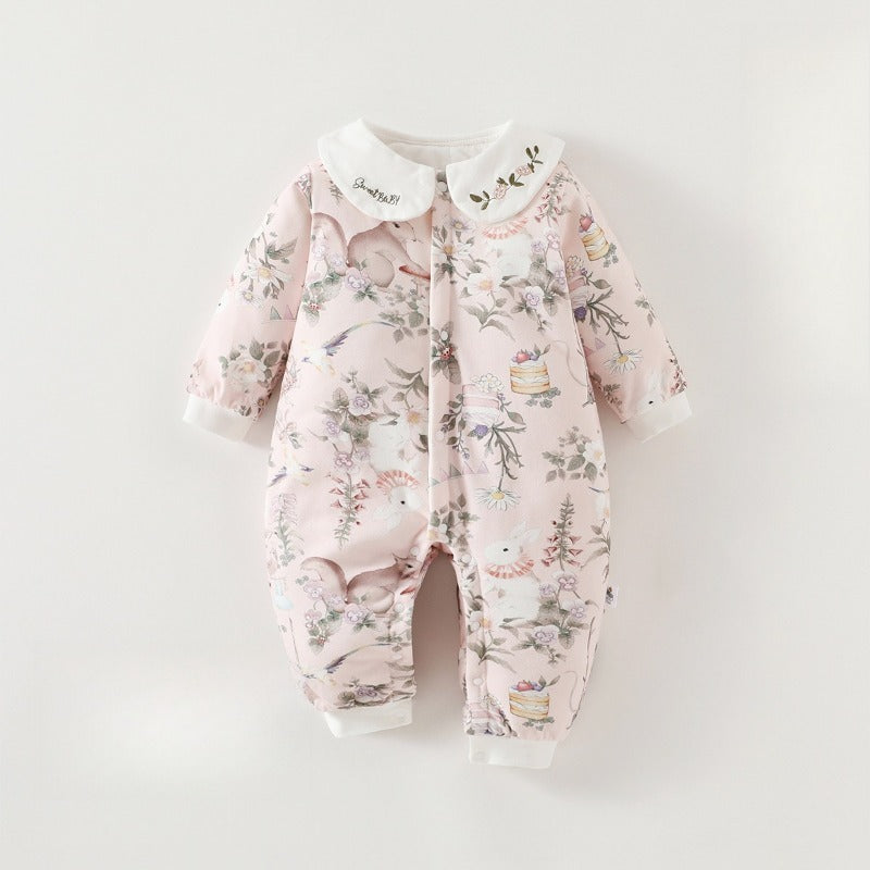 100% Cotton Warm Long Sleeve Snap-Up Romper - Pink Flowers