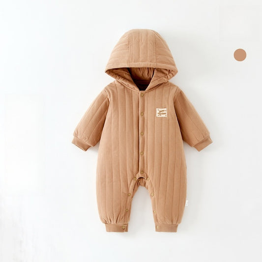 100% Cotton Quilted Hoodie Snap-Up Romper - Brown
