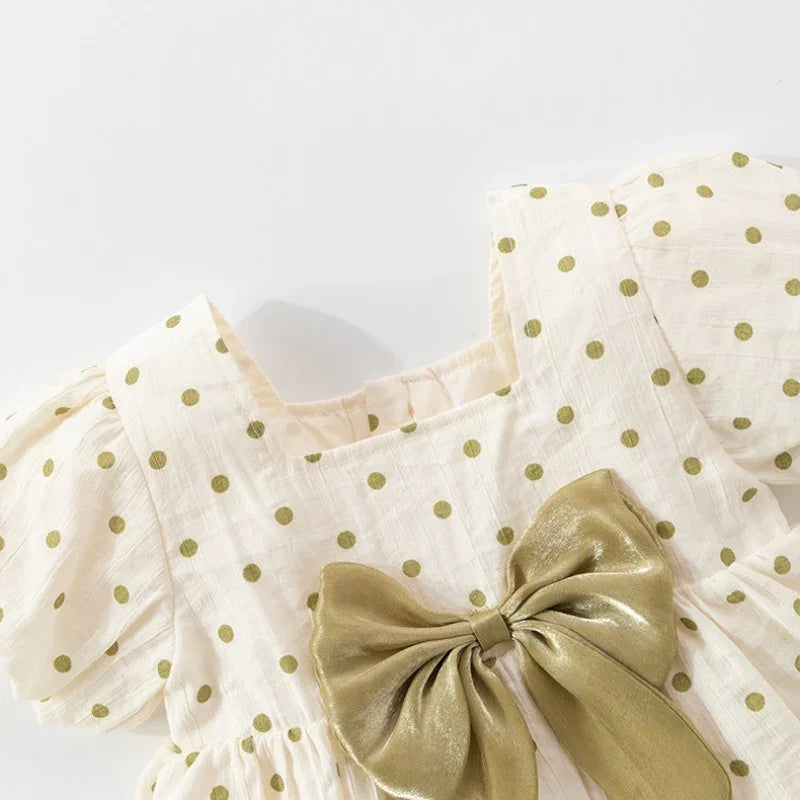 100% Cotton Short-Sleeve Princess Dress - Green Spots & Bowknot - Organic Cotton Clubs