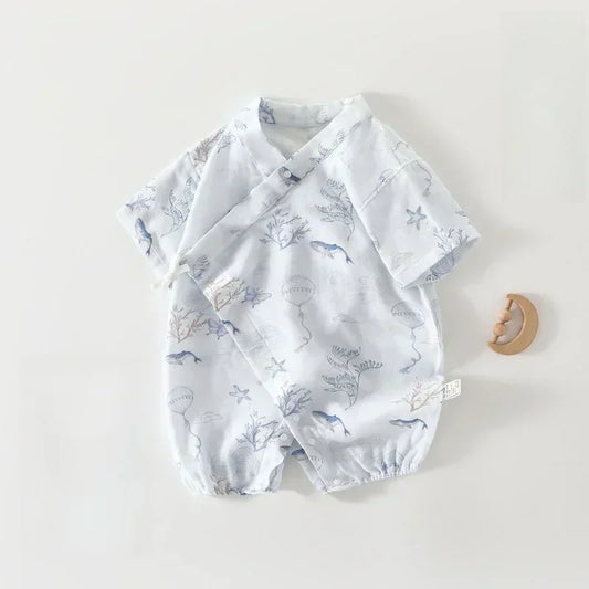 Cotton & Bamboo Muslin Short Sleeve Kimono Romper - Flamingos & Giraffes - Organic Cotton Clubs