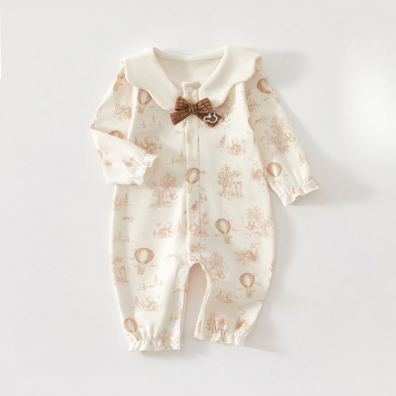 100% Cotton Long Sleeve Snap-Up Romper - Bowknot with Flowers - Organic Cotton Clubs