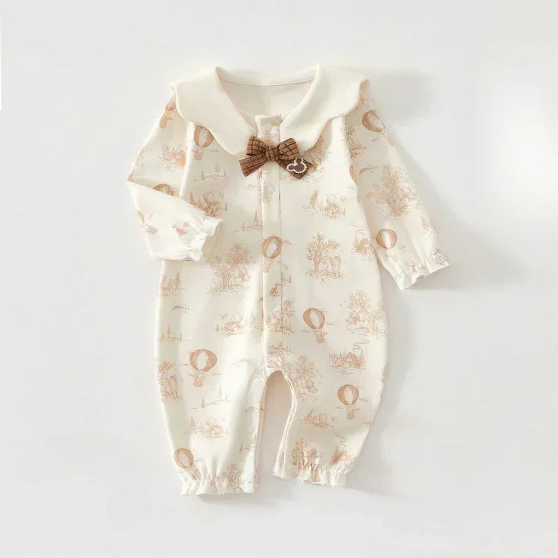 100% Cotton Long Sleeve Snap-Up Romper - Bowknot with Flowers - Organic Cotton Clubs