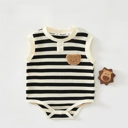 Cotton Sleeveless Overhead Bodysuit - Red Stripe & Bear - Organic Cotton Clubs