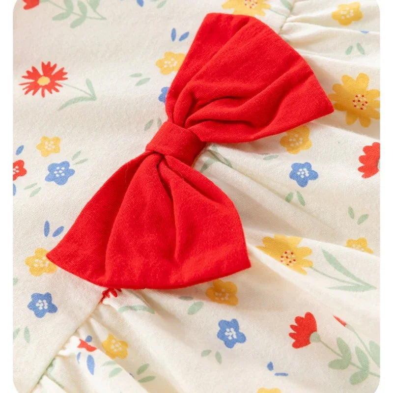 100% Cotton Short Sleeve Dress - Red Bowknot Garden - Organic Cotton Clubs