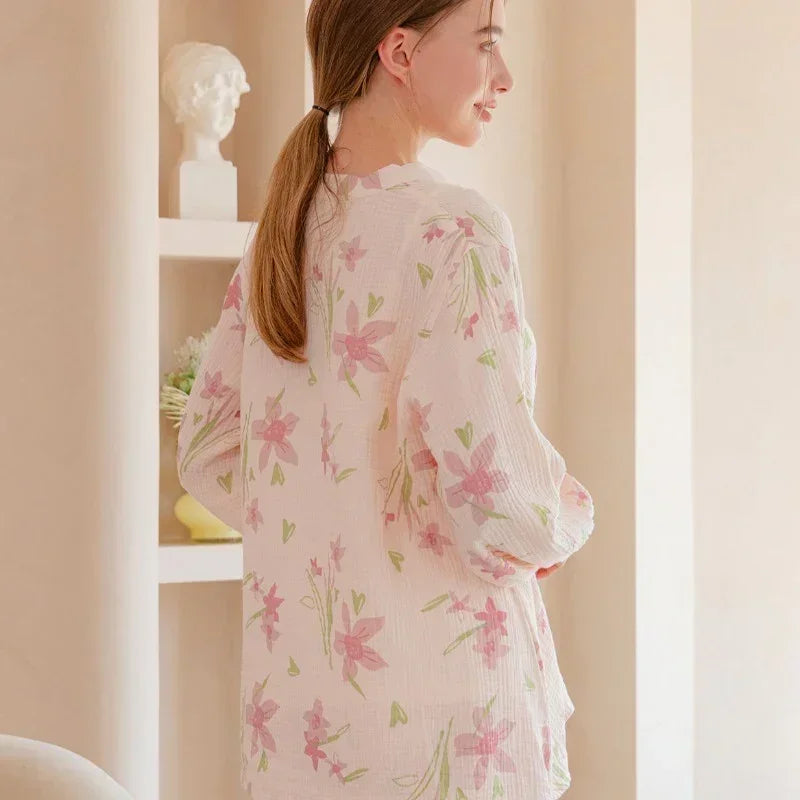 100% Cotton Muslin Maternity & Nursing Pajama Set- Purple Flowers - Organic Cotton Clubs