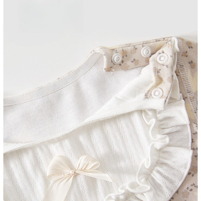100% Cotton Snap-up Long-Sleeve Romper - Brown Bowknot
