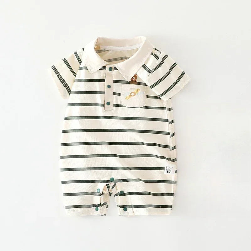Cotton Short Sleeve Snap-Up Romper - Red Stripe & Bear - Organic Cotton Clubs