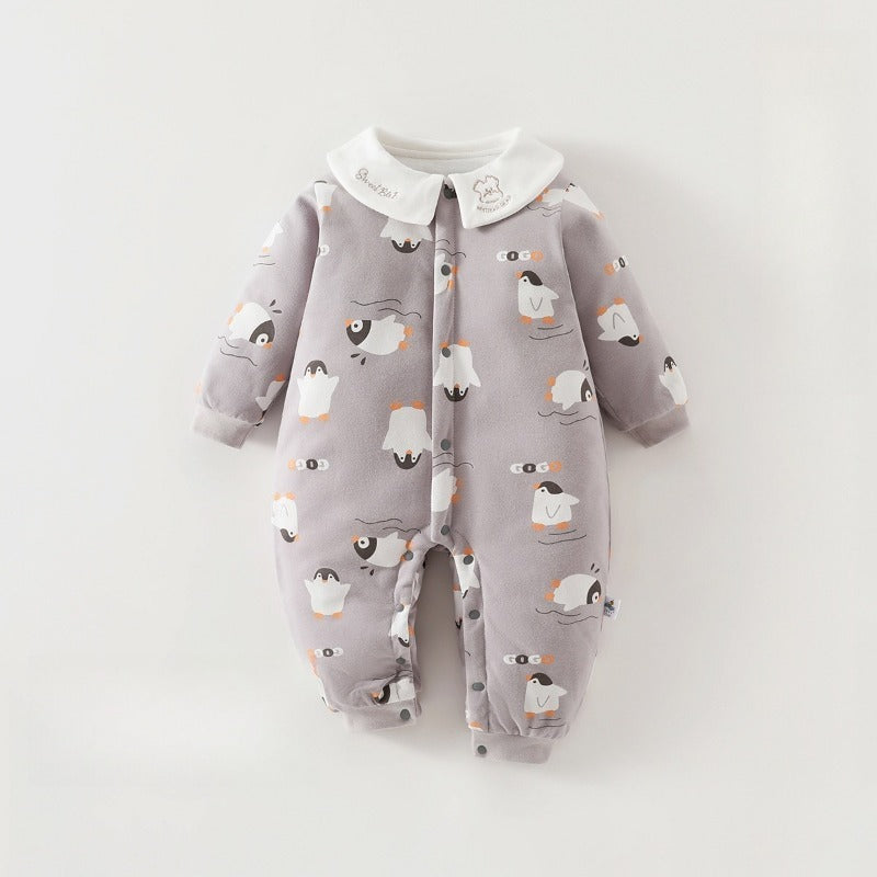 100% Cotton Warm Long Sleeve Snap-Up Romper - Pink Flowers