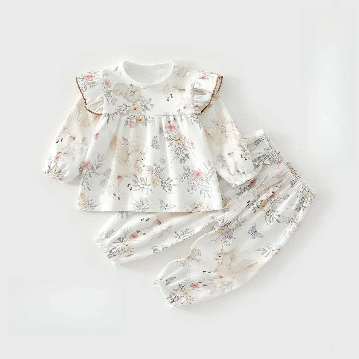 100% Cotton Long Sleeve Top & Pants Set - Floral Garden