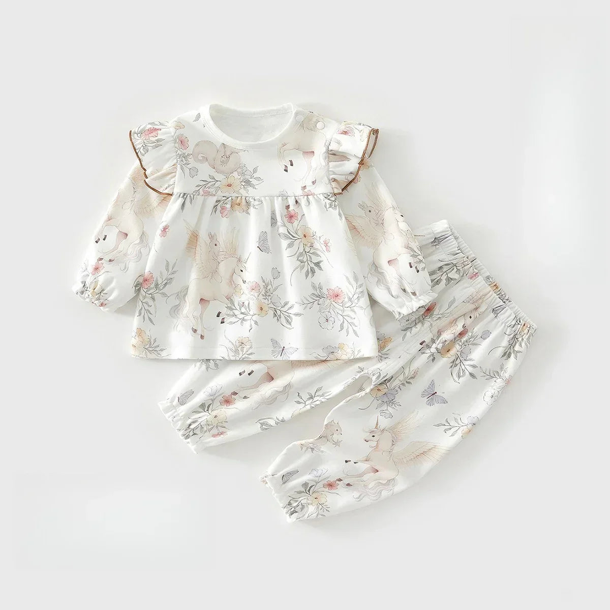100% Cotton Long Sleeve Top & Pants Set - Floral Garden