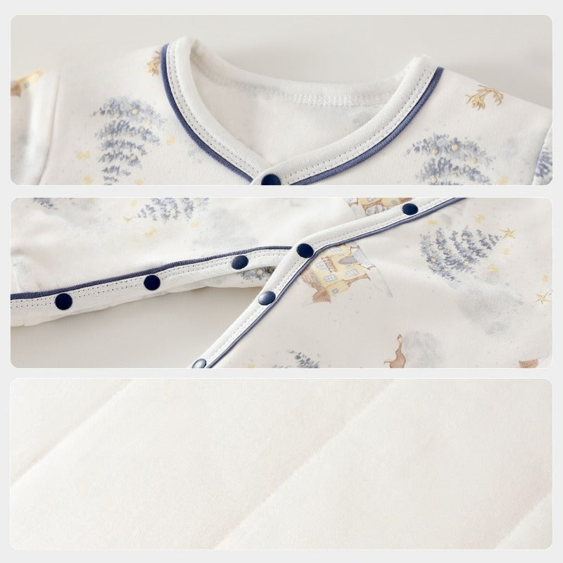 100% Cotton Quilted Long Sleeve Snap-Up Romper - Blue Tree