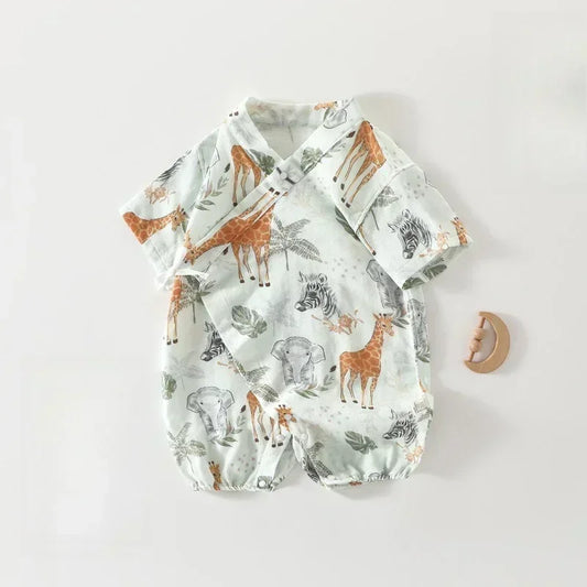Cotton & Bamboo Muslin Short Sleeve Kimono Romper - Flamingos & Giraffes - Organic Cotton Clubs
