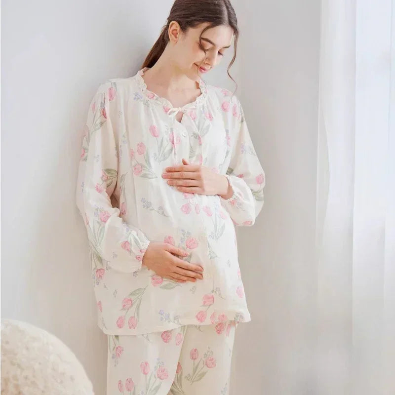 Organic Cotton Muslin Button-Up Maternity & Nursing Pajama - Morning Glory - Organic Cotton Clubs