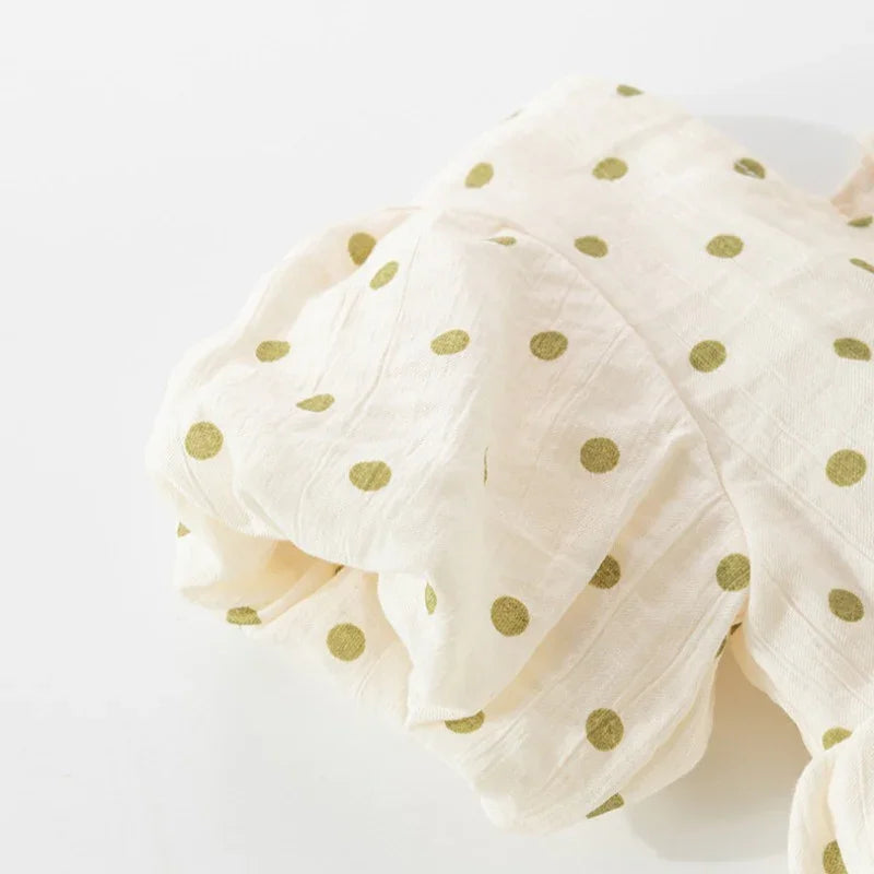 100% Cotton Short-Sleeve Princess Dress - Green Spots & Bowknot - Organic Cotton Clubs