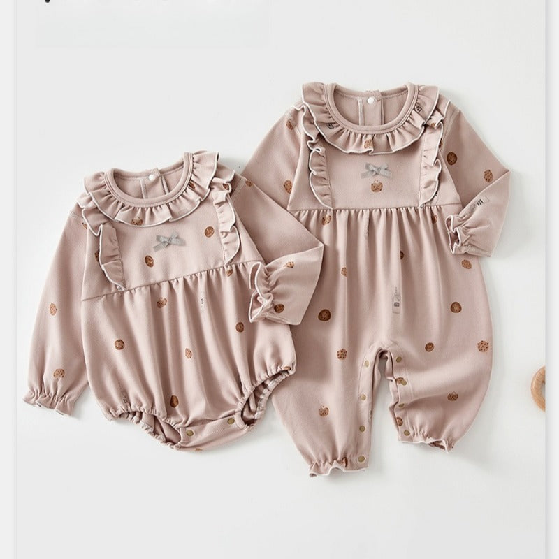 100% Cotton Snap-up Long-Sleeve Romper - Cookie & Bowknot