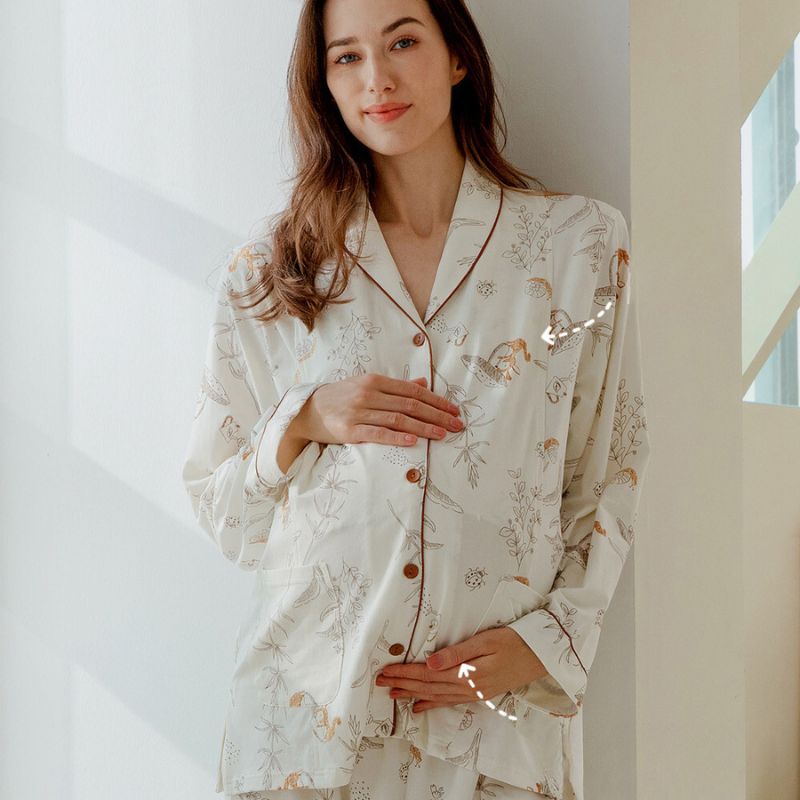 Cotton Button-Up Maternity Pajama- Green Leave - Organic Cotton Clubs