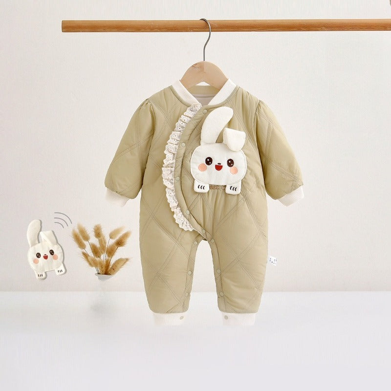 Cotton Long Sleeve Snap-Up Quilted Romper - Green Frog