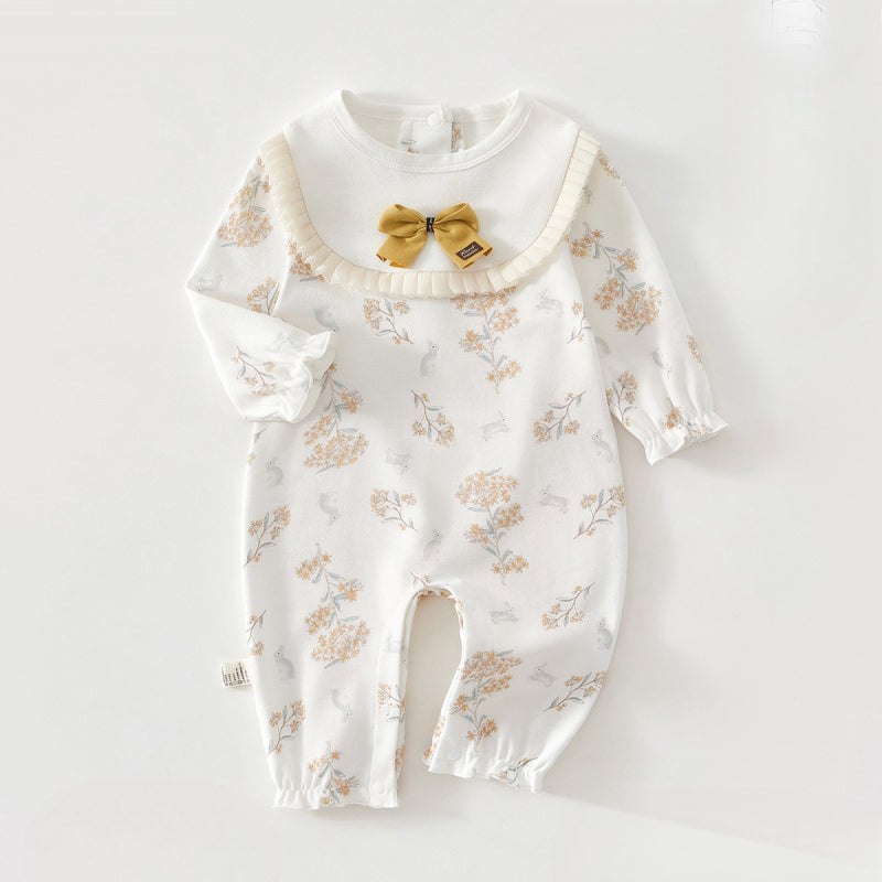 100% Cotton Long Sleeve Snap-Up Romper - Bowknot with Flowers - Organic Cotton Clubs