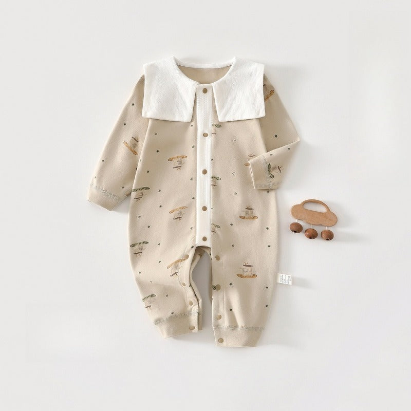 100% Cotton Snap-up Long-Sleeve Romper - Brown Elephant