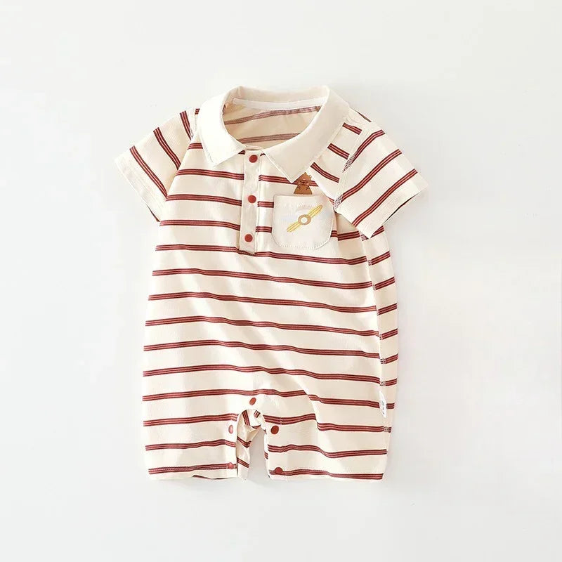 Cotton Short Sleeve Snap-Up Romper - Red Stripe & Bear - Organic Cotton Clubs