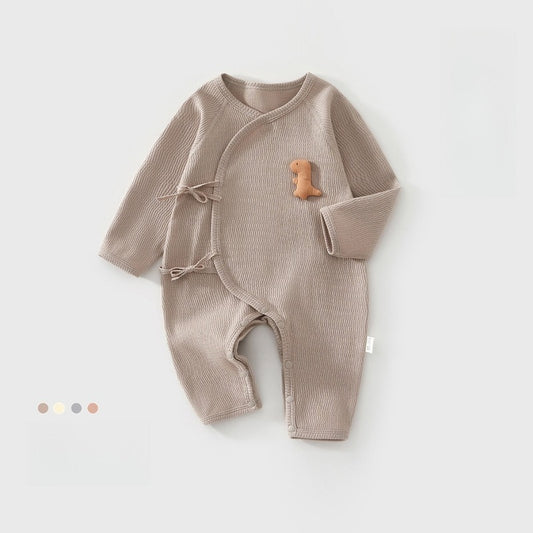 100% Cotton Long-Sleeve Kimono Romper - Brown