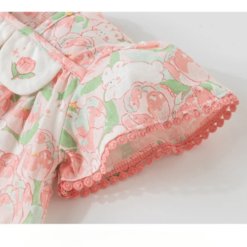 100% Cotton Flutter-Sleeve Dress - Pink Blossom - Organic Cotton Clubs