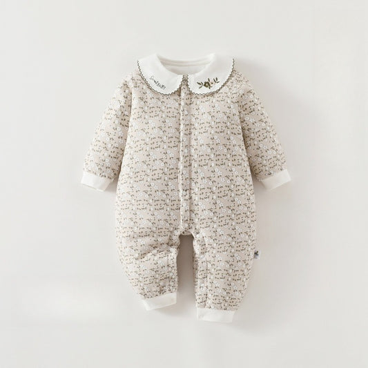 100% Cotton Warm Long Sleeve Snap-Up Romper - Beige Flowers