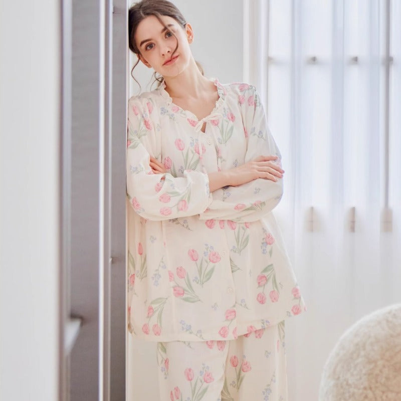 Organic Cotton Muslin Button-Up Maternity & Nursing Pajama - Morning Glory - Organic Cotton Clubs