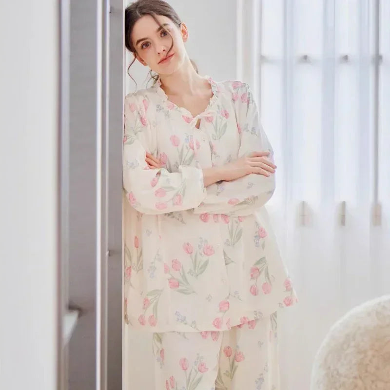 Organic Cotton Muslin Button-Up Maternity & Nursing Pajama - Morning Glory - Organic Cotton Clubs
