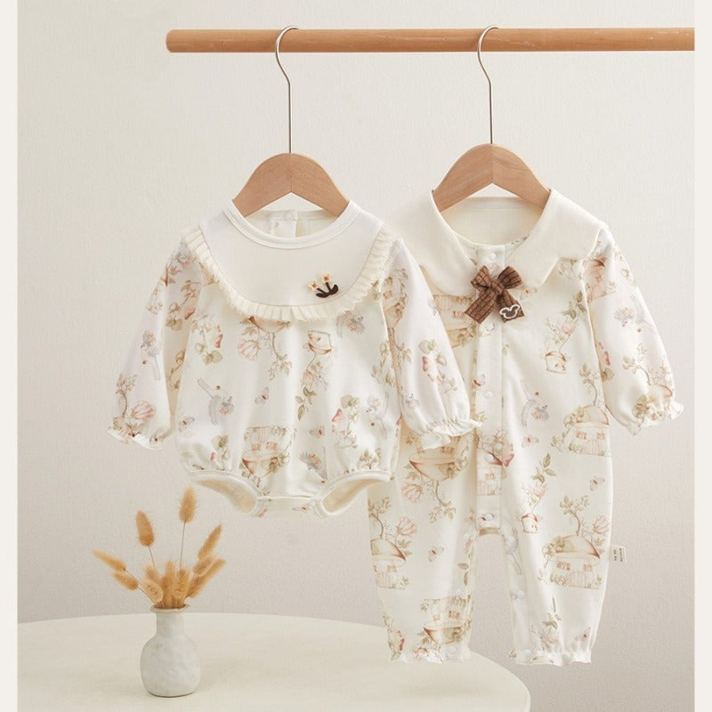 100% Cotton Long Sleeve Pullover Bodysuit - Pigeon with Flower