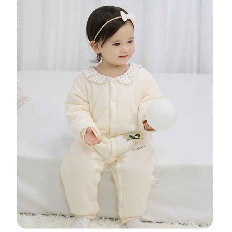 100% Cotton Quilted Long Sleeve Snap-Up Romper - Blue Tree