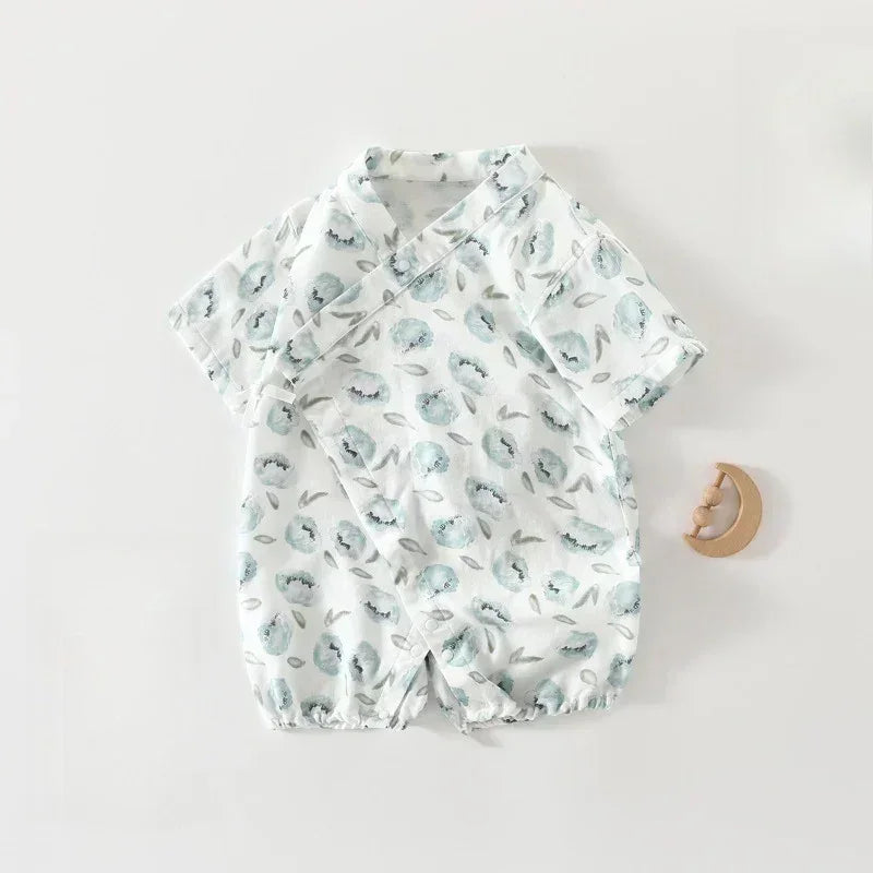 Cotton & Bamboo Muslin Short Sleeve Kimono Romper - Flamingos & Giraffes - Organic Cotton Clubs