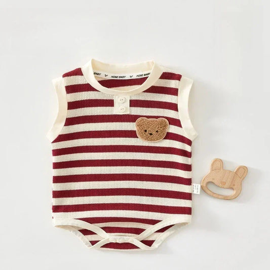 Cotton Sleeveless Overhead Bodysuit - Red Stripe & Bear - Organic Cotton Clubs
