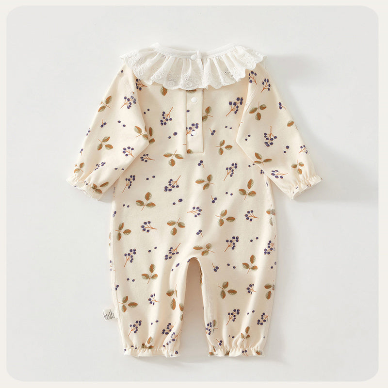100% Cotton Long Sleeve Snap-Up Romper - Fruits & Leaves - Organic Cotton Clubs