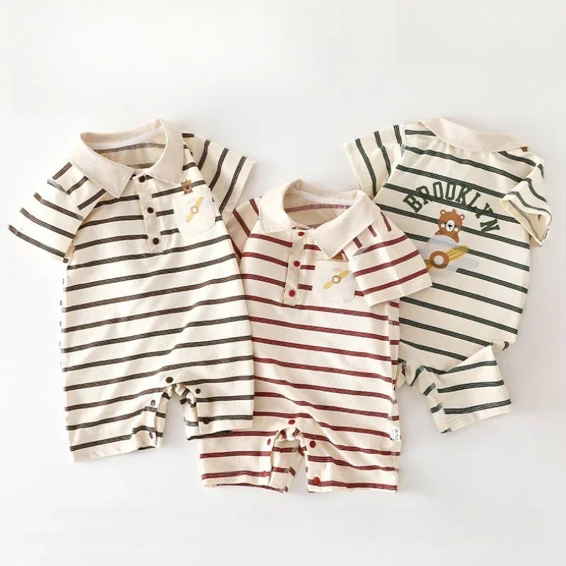 Cotton Short Sleeve Snap-Up Romper - Red Stripe & Bear - Organic Cotton Clubs